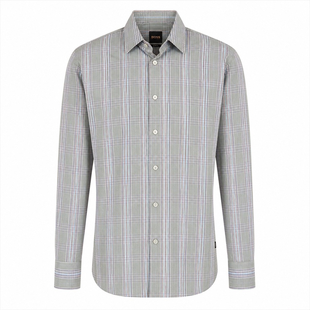 Hugo Boss Mens Slim Fit Plaid Long Sleeve Button Down Shirt Gray Purple Large - Picture 2 of 12